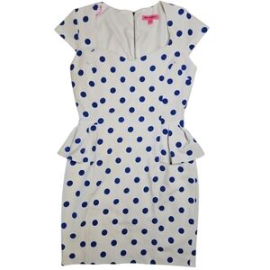 Betsey Johnson - White and Blue Polka Dot Peplum Dress - 6